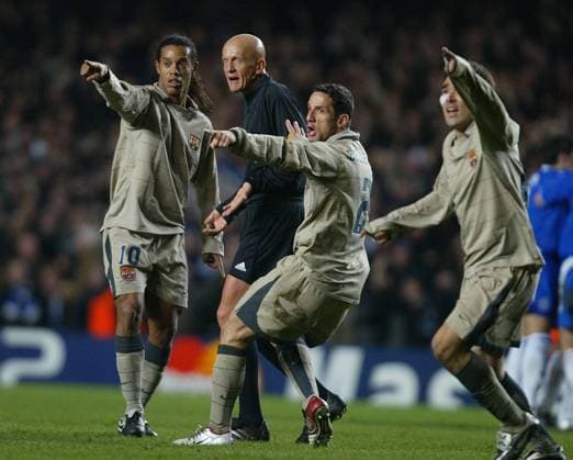 Mandatory Credit: Photo by Andy Hooper Daily Mail Shutterstock (1110712a) Football European Cup Uefa Champions League Ronaldinho Protests To Ref Pierluigi Collina After Chelsea s Fourth. Chelsea Vs Barcelona 4-2; Chelsea Won 5-4 On Aggregate) Uefa Champions League First Knockout Round Second Leg Stamford Bridge London. Football European Cup Uefa Champions League Ronaldinho Protests To Ref Pierluigi Collina After Chelsea s Fourth. Chelsea Vs Barcelona 4-2; Chelsea Won 5-4 On Aggregate) Uefa Champions League First Knockout Round Second Leg Stamford Bridge London. EDITORIAL USE ONLY No use with unauthorised audio, video, data, fixture lists (outside the EU), club league logos or live services. Online in-match use limited to 45 images (+15 in extra time). No use to emulate moving images. No use in betting, games or single club league player publications services. Football European Cup Uefa Champions League Ronaldinho Protests To Ref Pierluigi Collina After Chelsea s Fourth. Chelsea Vs Barcelona 4-2; Chelsea Won 5-4 On Aggregate) Uefa Champions League First Knockout Round Second Leg Stamford Bridge London. EDITORIAL USE ONLY No use with unauthorised audio, video, data, fixture lists (outside the EU), club league logos or live services. Online in-match use limited to 45 images (+15 in extra time). No use to emulate moving images. No use in betting, games or Copyright: xAndyxHooper DailyxMail Shutterstockx 1110712a