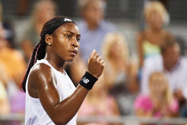 CINCINNATI, OH - AUGUST 18: Coco Gauff celebrates winning a point during a match on day 3 of the Western and Southern Open at the Lindner Family Tennis Center in Mason, Ohio on August 18, 2021. (Photo by Shelley Lipton Icon Sportswire) TENNIS: AUG 18 Western & Southern Open Icon2108181063