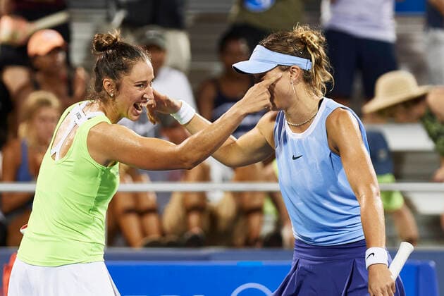 CINCINNATI, OH - AUGUST 18: Paula Badosa of Spain and doubles partner Sara Sorribes Tormo celebrate their win on day 3 of the Western and Southern Open at the Lindner Family Tennis Center in Mason, Ohio on August 18, 2021. (Photo by Shelley Lipton Icon Sportswire) TENNIS: AUG 18 Western & Southern Open Icon21081814631