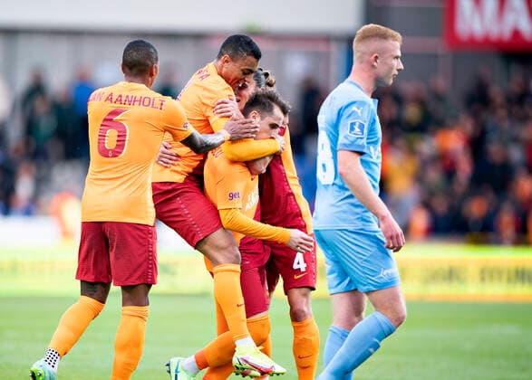 Galatasaray s Kerem Aktürkoglu has scored to 1 0 in the Europa League qualifier between Randers FC and Galatasaray at Cepheus Park in Randers, Thursday 19 August 2021, Randers Jylland Denmark  Copyright: HenningxBagger HenningxBaggerx COP101 spdk20210819-195020-L