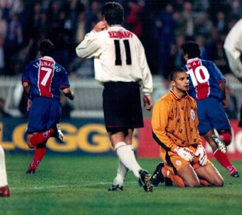 Mandatory Credit: Photo by Andy Hooper ANL Shutterstock (1334788a) Football 1996 97: European Cup Winners Cup Semi-final 1st Leg - Paris Saint-germain 3 V Liverpool 0. Liverpool Keeper David James Looks Dejected As Paris S-g s Leonardo Scores. Football 1996 97: European Cup Winners Cup Semi-final 1st Leg - Paris Saint-germain 3 V Liverpool 0. Liverpool Keeper David James Looks Dejected As Paris S-g s Leonardo Scores. EDITORIAL USE ONLY No use with unauthorised audio, video, data, fixture lists (outside the EU), club league logos or live services. Online in-match use limited to 45 images (+15 in extra time). No use to emulate moving images. No use in betting, games or single club league player publications services. Football 1996 97: European Cup Winners Cup Semi-final 1st Leg - Paris Saint-germain 3 V Liverpool 0. Liverpool Keeper David James Looks Dejected As Paris S-g s Leonardo Scores. EDITORIAL USE ONLY No use with unauthorised audio, video, data, fixture lists (outside the EU), club league logos or live services. Online in-match use limited to 45 images (+15 in extra time). No use to emulate moving images. No use in betting, games or Copyright: xAndyxHooper ANL Shutterstockx 1334788a