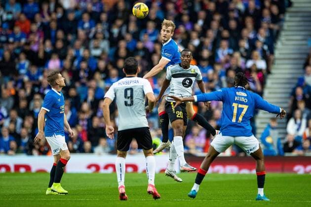 Mandatory Credit: Photo by Kirk O Rourke Rangers FC Shutterstock (12337251v) Filip Helander of Rangers heads the ball from Jose Embalo of FC Alashkert during the Europa League qualifying match at Ibrox Stadium, Glasgow. Rangers v Alashkert, UEFA Europa League Qualifying Play-off, Ibrox Staiudm, Glasgow, Scotland, UK - 19 Aug 2021 Rangers v Alashkert, UEFA Europa League Qualifying Play-off, Ibrox Staiudm, Glasgow, Scotland, UK - 19 Aug 2021 Copyright: xKirkxO Rourke RangersxFC Shutterstockx 12337251v