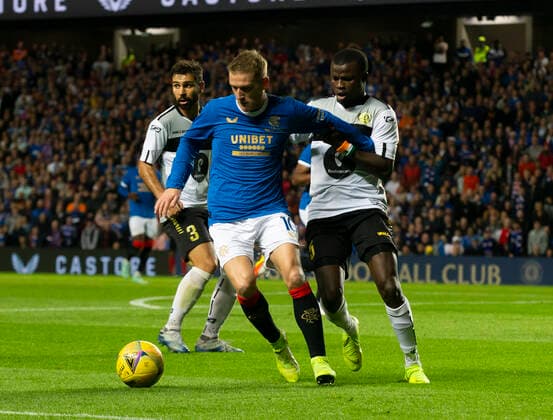 Football - 2021 2022 UEFA Europa League - Qualifying - 1st Leg - Glasgow Rangers vs Alashkert - Ibrox Stadium Steven Davis of Rangers vies with Didier Kadio of Alashkert FC 