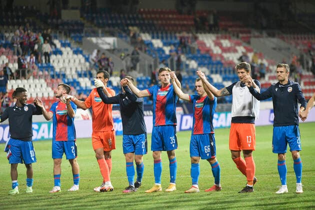 Soccer players of Viktoria Plzen greet fans after the European Conference League 4th qualifying round, 1st leg football match Viktoria Plzen vs CSKA Sofia in Pilsen, Czech Republic, August 19, 2021. (CTKxPhoto MiroslavxChaloupka) CTKPhotoP2021081908638  cha024