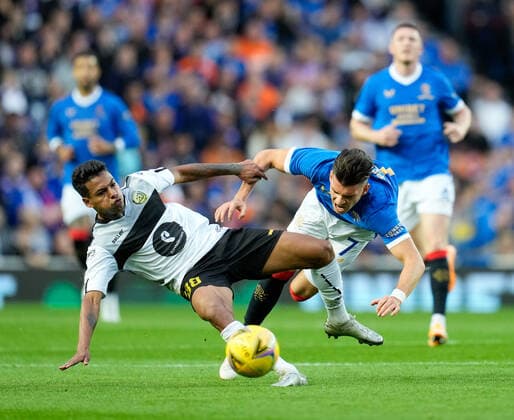 Mandatory Credit: Photo by Stuart Wallace Shutterstock (12337253at) Ianis Hagi of Rangers challenges for the ball with James of Alashkert Rangers v Alashkert, UEFA Europa League Qualifying Play-off, Ibrox Staiudm, Glasgow, Scotland, UK - 19 Aug 2021 Editorial use only Rangers v Alashkert, UEFA Europa League Qualifying Play-off, Ibrox Staiudm, Glasgow, Scotland, UK - 19 Aug 2021 Editorial use only Copyright: xStuartxWallace Shutterstockx 12337253at
