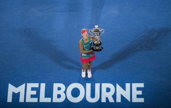 Mandatory Credit: Photo by Mike Frey BPI Shutterstock (5577782et) Angelique Kerber celebrates winning the Australian Open Tennis - Australian Open 2016 Day Thirteen Melbourne Park, Melbourne, Australia - 30 Jan 2016 Tennis - Australian Open 2016 Day Thirteen Melbourne Park, Melbourne, Australia - 30 Jan 2016  Copyright: xMikexFrey BPI Shutterstockx 5577782et