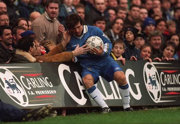 Mandatory Credit: Photo by Andy Hooper Daily Mail Shutterstock (3404516a) Gianfranco Zola With Crowd During Premier League Match Chelsea V Wimbledon (1-1) 1997. Gianfranco Zola With Crowd During Premier League Match Chelsea V Wimbledon (1-1) 1997. EDITORIAL USE ONLY No use with unauthorised audio, video, data, fixture lists (outside the EU), club league logos or live services. Online in-match use limited to 45 images (+15 in extra time). No use to emulate moving images. No use in betting, games or single club league player publications services. Gianfranco Zola With Crowd During Premier League Match Chelsea V Wimbledon (1-1) 1997. EDITORIAL USE ONLY No use with unauthorised audio, video, data, fixture lists (outside the EU), club league logos or live services. Online in-match use limited to 45 images (+15 in extra time). No use to emulate moving images. No use in betting, games or  Copyright: xAndyxHooper DailyxMail Shutterstockx 3404516a