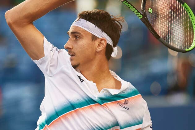 CINCINNATI, OH - AUGUST 19: Lorenzo Sonego of Italy hits a forehand during the match on day 4 of the Western & Southern Open at the Lindner Family Tennis Center in Mason, Ohio on August 19, 2021. (Photo by Shelley Lipton Icon Sportswire) TENNIS: AUG 19 Western & Southern Open Icon2108192184