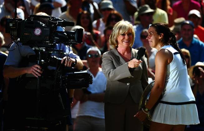 Mandatory Credit: Photo by Back Page Images Shutterstock (2611997q) Sue Barker interviews Marion Bartoli Wimbledon Tennis Championships, London, Britain - 06 Jul 2013 Strictly Editorial Use Only - No Merchandising Wimbledon Tennis Championships, London, Britain - 06 Jul 2013 Strictly Editorial Use Only - No Merchandising  Copyright: xBackxPagexImages Shutterstockx 2611997q