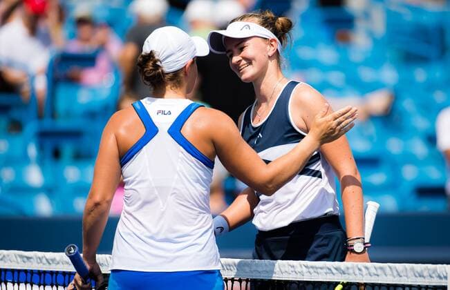Mandatory Credit: Photo by Rob Prange Shutterstock (12324311u) Barbora Krejcikova of the Czech Republic & Ashleigh Barty of Australia after their quarter-final match at the 2021 Western & Southern Open WTA, Tennis Damen 1000 tennis tournament Western & Southern Open Day Seven, Tennis, Cincinnati, USA, 20 Aug 2021 Western & Southern Open Day Seven, Tennis, Cincinnati, USA, 20 Aug 2021  Copyright: xRobxPrange Shutterstockx 12324311u