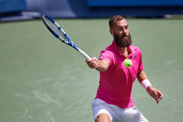 CINCINNATI, OH - AUGUST 20: Benoit Paire of France hits a slice forehand during the quarter final match on day 5 of the Western & Southern Open at the Lindner Family Tennis Center in Mason, Ohio on August 20, 2021. (Photo by Shelley Lipton Icon Sportswire) TENNIS: AUG 20 Western & Southern Open Icon210820233