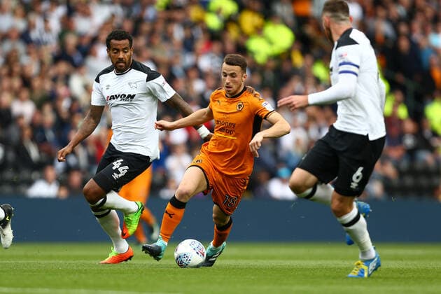 Mandatory Credit: Photo by Philip Oldham BPI Shutterstock (8991888p) Tom Huddlestone of Derby struggles to keep pace with Wolves Diogo Jota Derby County v Wolverhampton Wanderers, Skybet EFL Championship, Pride Park, Derby, Derbyshire, UK - 12 Aug 2017 Derby County v Wolverhampton Wanderers, Skybet EFL Championship, Pride Park, Derby, Derbyshire, UK - 12 Aug 2017  Copyright: xPhilipxOldham BPI Shutterstockx 8991888p