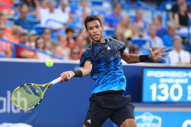 CINCINNATI, OH - AUGUST 20: Felix Auger-Aliassime of Canada hits a forehand during the Western & Southern Open at the Lindner Family Tennis Center on August 20, 2021 in Mason, Ohio. (Photo by Ian Johnson Icon Sportswire) TENNIS: AUG 20 Western & Southern Open Icon210820058