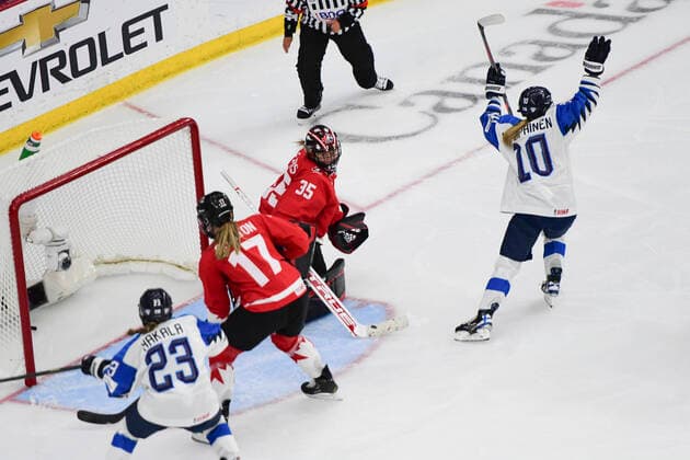 August 20, 2021, Calgary, AB, Canada: Finland s ELISA HOLOPAINEN (right) celebrates her goal during the Finland vs Canada preliminary round game at the 2021 IIHF Women s World Championship, WM, Weltmeisterschaft in Calgary, AB, Canada on Aug 20, 2021. Canada defeated Finland 5-3. The 12-day tournament returns after more than two year due to the COVID-19 pandemic. Calgary Canada - ZUMAj113 20210820_zip_j113_087 Copyright: xGavinxJohnx
