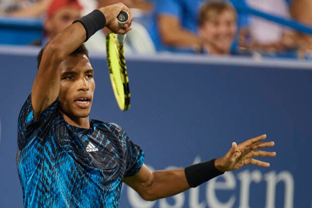CINCINNATI, OH - AUGUST 20: Felix Auger-Aliassime of Canada watches the ball after hitting a forehand shot during the quarter final match on day 5 of the Western & Southern Open at the Lindner Family Tennis Center in Mason, Ohio on August 20, 2021. (Photo by Shelley Lipton Icon Sportswire) TENNIS: AUG 20 Western & Southern Open Icon2108201022