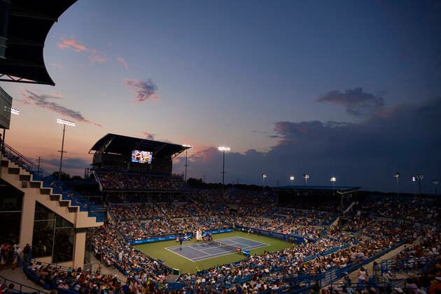 CINCINNATI, OH - AUGUST 20: The sun sets on Center Court during the quarter final match on day 5 of the Western & Southern Open at the Lindner Family Tennis Center in Mason, Ohio on August 20, 2021. (Photo by Shelley Lipton Icon Sportswire) TENNIS: AUG 20 Western & Southern Open Icon210820884