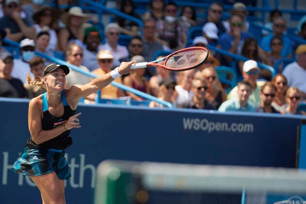 CINCINNATI, OH - AUGUST 21: Angelique Kerber of Germany follows through on her serve during the semifinal match on day 7 of the Western & Southern Open at the Lindner Family Tennis Center in Mason, Ohio on August 21, 2021. (Photo by Shelley Lipton Icon Sportswire) TENNIS: AUG 21 Western & Southern Open Icon210821167