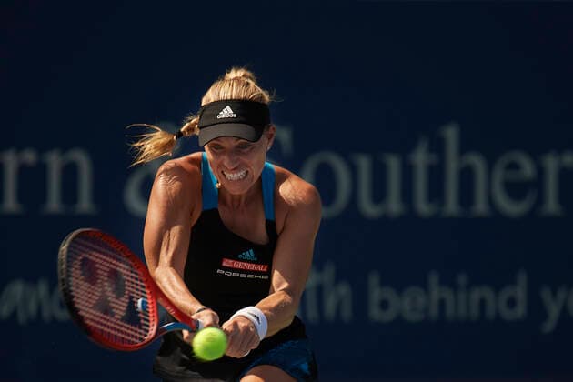 CINCINNATI, OH - AUGUST 21: Angelique Kerber of Germany concentrates as she hits a backhand shot during the semifinal match on day 7 of the Western & Southern Open at the Lindner Family Tennis Center in Mason, Ohio on August 21, 2021. (Photo by Shelley Lipton Icon Sportswire) TENNIS: AUG 21 Western & Southern Open Icon210821171