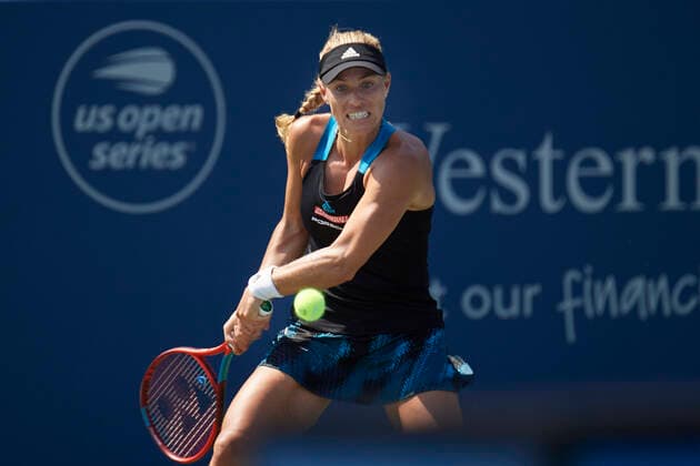 CINCINNATI, OH - AUGUST 21: Angelique Kerber of Germany concentrates as she hits a backhand shot during the semifinal match on day 7 of the Western & Southern Open at the Lindner Family Tennis Center in Mason, Ohio on August 21, 2021. (Photo by Shelley Lipton Icon Sportswire) TENNIS: AUG 21 Western & Southern Open Icon210821212