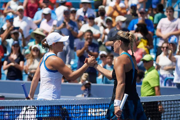 CINCINNATI, OH - AUGUST 21: Ashleigh Barty of Australia shakes hands after winning the semifinal match with Angelique Kerber of Germany on day 7 of the Western & Southern Open at the Lindner Family Tennis Center in Mason, Ohio on August 21, 2021. (Photo by Shelley Lipton Icon Sportswire) TENNIS: AUG 21 Western & Southern Open Icon210821296