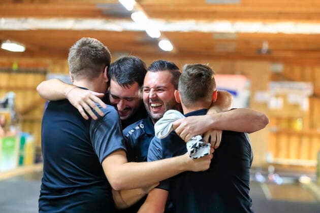 Final Four tournament of the four best teams of the summer federal league in the stick sport Passau Bavaria Germany stick sport men, 1 federal league south Final Four, summer 2021 on 21 08 2021 in the stick hall Neustift, picture shows with the Peitinger prevailed large joy over the victory Passau stick hall Neustift Bavaria Germany