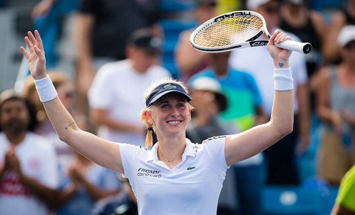 August 21, 2021, CINCINNATI, UNITED STATES: Jil Teichmann of Switzerland after winning her semi final at the 2021 Western & Southern Open WTA, Tennis Damen 1000 tennis tournament against Karolina Pliskova of the Czech Republic CINCINNATI UNITED STATES - ZUMAa181 20210821_zaa_a181_168 Copyright: xRobxPrangex