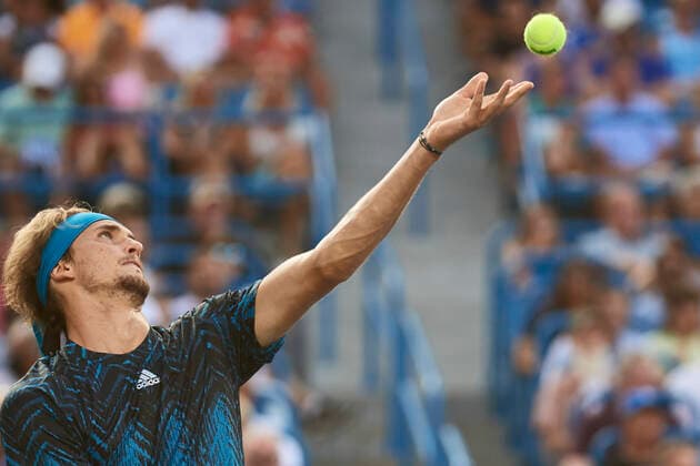 CINCINNATI, OH - AUGUST 21: Alexander Zverev of Germany watches his ball toss before hitting a serve during the semifinal match on day 7 of the Western & Southern Open at the Lindner Family Tennis Center in Mason, Ohio on August 21, 2021. (Photo by Shelley Lipton Icon Sportswire) TENNIS: AUG 21 Western & Southern Open Icon2108211348