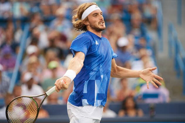 CINCINNATI, OH - AUGUST 21: Stefanos Tsitsipas of Greece hits a forehand shot during the semifinal match on day 7 of the Western & Southern Open at the Lindner Family Tennis Center in Mason, Ohio on August 21, 2021. (Photo by Shelley Lipton Icon Sportswire) TENNIS: AUG 21 Western & Southern Open Icon2108211575
