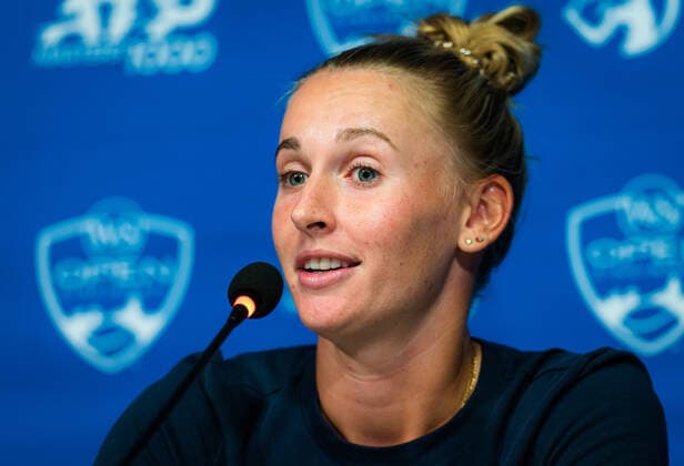 August 21, 2021, CINCINNATI, UNITED STATES: Jil Teichmann of Switzerland talks to the media after winning the semi final at the 2021 Western & Southern Open WTA, Tennis Damen 1000 tennis tournament against Karolina Pliskova of the Czech Republic CINCINNATI UNITED STATES - ZUMAa181 20210821_zaa_a181_205 Copyright: xRobxPrangex