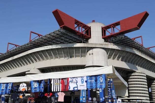 Milan, Italy, 21st August 2021. Replica jerseys are seen at a stall as fast food and merchandise outlets return to business following the decision to finally reopen stadiums to the public during the Serie A match at Giuseppe Meazza, Milan. Picture credit should read: Jonathan Moscrop Sportimage EDITORIAL USE ONLY. No use with unauthorised audio, video, data, fixture lists, club league logos or live services. Online in-match use limited to 120 images, no video emulation. No use in betting, games or single club league player publications. SPI-1146-0052