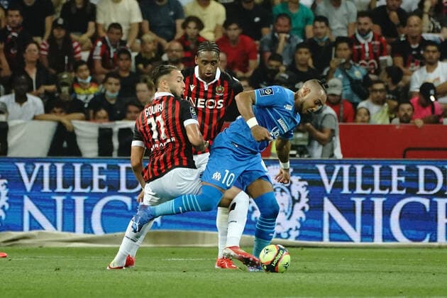 Dimitri Payet (Olympique de Marseille) - Amine Gouiri (OGC Nice) FOOTBALL : OGC Nice vs Olympique de Marseille - Ligue 1 Uber Eats - Nice - 22 08 2021 NorbertScanella PanoramiC 