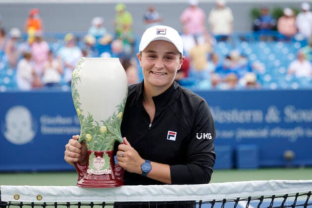 CINCINNATI, OH - AUGUST 22: Ashleigh Barty of Australia smiles and holds the Rookwood Cup after winning the womenÕs championship match of the Western & Southern Open at the Lindner Family Tennis Center in Mason, Ohio on August 22, 2021. Barty defeated Jil Teichmann of Switzerland 6-1, 6-1. (Photo by Shelley Lipton Icon Sportswire) TENNIS: AUG 22 Western & Southern Open Icon210822560