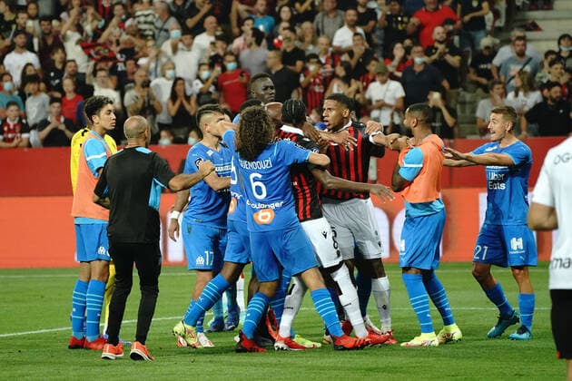 Bagarre generale - Jean Clair Todibo (OGC Nice) - Matteo Guendouzi (Olympique de Marseille) FOOTBALL : OGC Nice vs Olympique de Marseille - Ligue 1 Uber Eats - Nice - 22 08 2021 NorbertScanella PanoramiC 