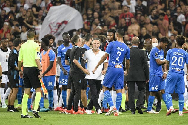 ILLUSTRATION - SUPPORTERS - INCIDENTS - CHRISTOPHE GALTIER (ENTRAINEUR NICE OGCN) FOOTBALL : Nice vs Marseille - Ligue 1 Uber Eats - 22 08 2021 FEP Panoramic 