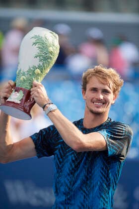 CINCINNATI, OH - AUGUST 22: Alexander Zverev of Germany holds the Rookwood Cup after winning the menÕs championship match of the Western & Southern Open at the Lindner Family Tennis Center in Mason, Ohio on August 22, 2021. Zverev defeated Andrey Rublev of Russia 6-2, 6-3. (Photo by Shelley Lipton Icon Sportswire) TENNIS: AUG 22 Western & Southern Open Icon2108221284