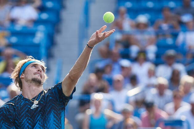 CINCINNATI, OH - AUGUST 22: Alexander Zverev of Germany serves during the menÕs championship match of the Western & Southern Open at the Lindner Family Tennis Center in Mason, Ohio on August 22, 2021. (Photo by Shelley Lipton Icon Sportswire) TENNIS: AUG 22 Western & Southern Open Icon210822804