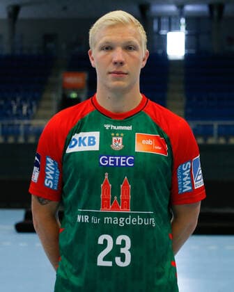 23 08 2021, xgox, handball LIQUI MOLY HBL, SC Magdeburg photo session emspor, v l Magnus Saugstrup Magdeburg, 23 portrait, portraet, single picture Magdeburg