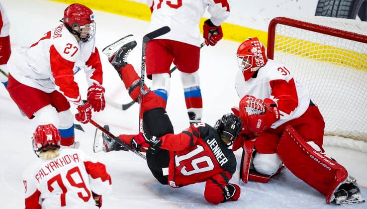 August 22, 2021, Calgary, ab, Canada: Russia s Veronika Korzhakova, left, checks Canada s Brianne Jenner, centre, as Russia s goalie Anna Prugova looks on during third period IIHF Women s World Championship, WM, Weltmeisterschaft hockey action in Calgary, Alta., Sunday, Aug. 22, 2021. Anna Prugova, Brianne Jenner, Veronika Korzhakova - ZUMAc35_ 20210822_zaf_c35_060 Copyright: xJeffxMcintoshx