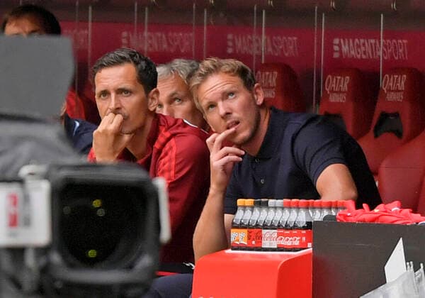 22 08 2021, Football 1 Bundesliga 2021 2022, 2 Matchday, FC Bayern Munich 1 FC Cologne, at Allianz Arena Munich re coach Julian Nagelsmann FC Bayern Munich pensive DFL and DFB regulations prohibit any use of photographs as image sequences and or quasi video