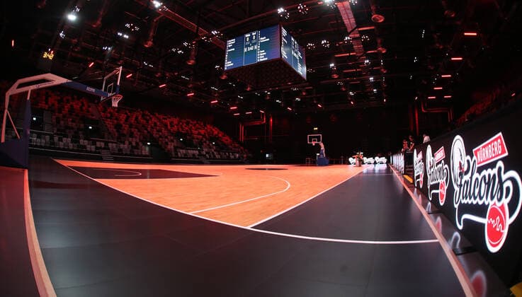 25 08 2021 Basketball Nuremberg Falcons Basketball Club NBC Official Inauguration of the Kia Metropol Arena Sports Photo Zink DaMa Symbol Image Symbol Photo Feature Impression Empty Arena Hall Hall Panorama Panorama Kia Metropol Arena