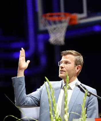 25 08 2021 Basketball Nuremberg Falcons Basketball Club NBC Official Inauguration of the Kia Metropol Arena Sports Photo Zink DaMa Marcus König Lord Mayor City of Nuremberg Speech