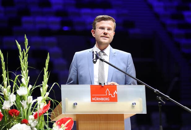 25 08 2021 Basketball Nuremberg Falcons Basketball Club NBC Official Inauguration of the Kia Metropol Arena Sports Photo Zink DaMa Marcus König Lord Mayor City of Nuremberg Speech