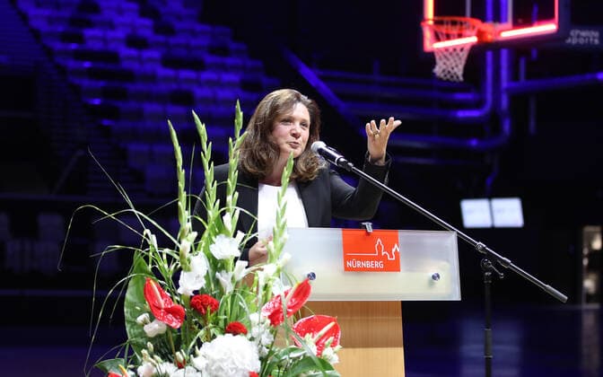 25 08 2021 Basketball Nuremberg Falcons Basketball Club NBC Official Inauguration of the Kia Metropol Arena Sports Photo Zink DaMa Cornelia Trinkl Referentin für Schule und Sport der Stadt Nuremberg Speech