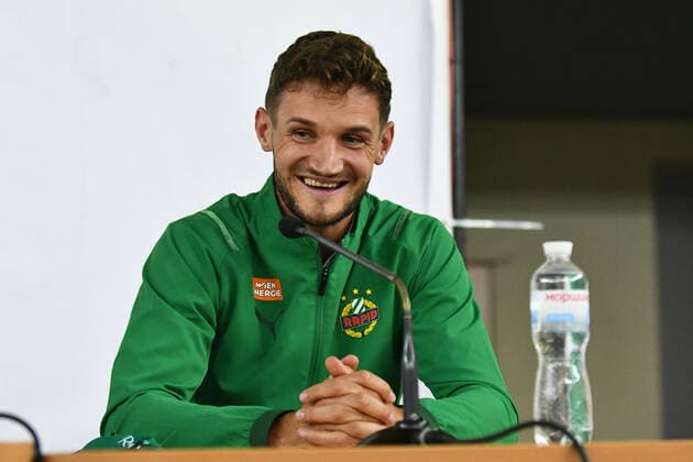 ZAPORIZHZHIA, UKRAINE - AUGUST 25, 2021 - Defender of FC Rapid Austria Maximilian Hofmann is pictured during the press conference, PK, Pressekonferenz ahead of the 2021 2022 UEFA Europa League play-off qualifier 2nd leg game against FC Zorya Luhansk, Zaporizhzhia, southeastern Ukraine Pre-match news conference of FC Rapid before play-off qualifier against FC Zorya  Copyright: xDmytroxSmoliyenkox