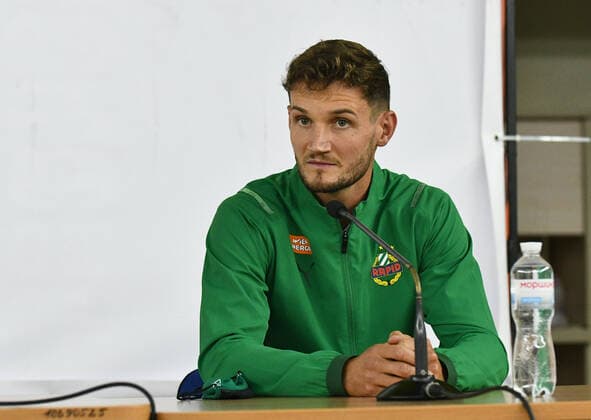 ZAPORIZHZHIA, UKRAINE - AUGUST 25, 2021 - Defender of FC Rapid Austria Maximilian Hofmann is pictured during the press conference, PK, Pressekonferenz ahead of the 2021 2022 UEFA Europa League play-off qualifier 2nd leg game against FC Zorya Luhansk, Zaporizhzhia, southeastern Ukraine Pre-match news conference of FC Rapid before play-off qualifier against FC Zorya  Copyright: xDmytroxSmoliyenkox