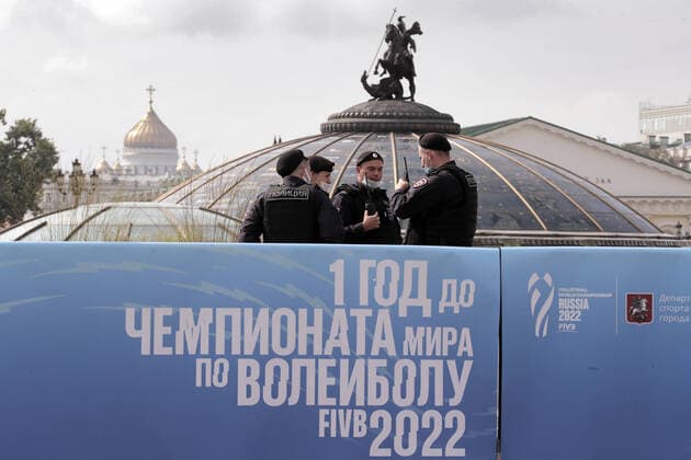 MOSCOW, RUSSIA - AUGUST 26, 2021: A sign reading One year until the 2022 FIVB Volleyball Men s World Championship, WM, Weltmeisterschaft is pictured after a ceremony to launch a clock counting down days and hours until the 2022 FIVB Volleyball Men s World Championship in Manezhnaya Square. The 2022 FIVB Volleyball Men s World Championship is scheduled to take place in Russia on August 26-September 11, 2022. Mikhail Metzel TASS  TS10DD21