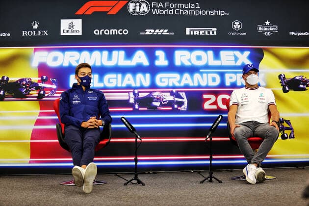 F1 Grand Prix of Belgium 63 George Russell (GBR, Williams Racing), 77 Valtteri Bottas (FIN, Mercedes-AMG Petronas F1 Team), F1 Grand Prix of Belgium at Circuit de Spa-Francorchamps on August 26, 2021 in Spa-Francorchamps, Belgium. (Photo by xpbimages.com XPB Images FIA Pool via HOCH ZWEI) Spa-Francorchamps Belgium Poolfoto HOCH ZWEI Pool XPB Images ,EDITORIAL USE ONLY