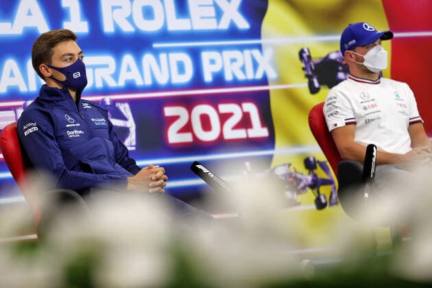 F1 Grand Prix of Belgium 63 George Russell (GBR, Williams Racing), 77 Valtteri Bottas (FIN, Mercedes-AMG Petronas F1 Team), F1 Grand Prix of Belgium at Circuit de Spa-Francorchamps on August 26, 2021 in Spa-Francorchamps, Belgium. (Photo by xpbimages.com XPB Images FIA Pool via HOCH ZWEI) Spa-Francorchamps Belgium Poolfoto HOCH ZWEI Pool XPB Images ,EDITORIAL USE ONLY