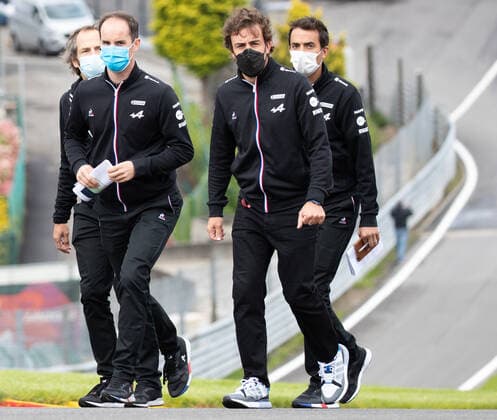 Alpine s Spanish driver Fernando Alonso walks along circuit during preparations ahead of this weekend s Spa-Francorchamps Formula One Grand Prix of Belgium race, in Spa-Francorchamps, Thursday 26 August 2021. BENOITxDOPPAGNE  x3073215x