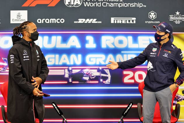 F1 Grand Prix of Belgium 44 Lewis Hamilton (GBR, Mercedes-AMG Petronas F1 Team), 11 Sergio Perez (MEX, Red Bull Racing), F1 Grand Prix of Belgium at Circuit de Spa-Francorchamps on August 26, 2021 in Spa-Francorchamps, Belgium. (Photo by xpbimages.com XPB Images FIA Pool via HOCH ZWEI) Spa-Francorchamps Belgium Poolfoto HOCH ZWEI Pool XPB Images ,EDITORIAL USE ONLY